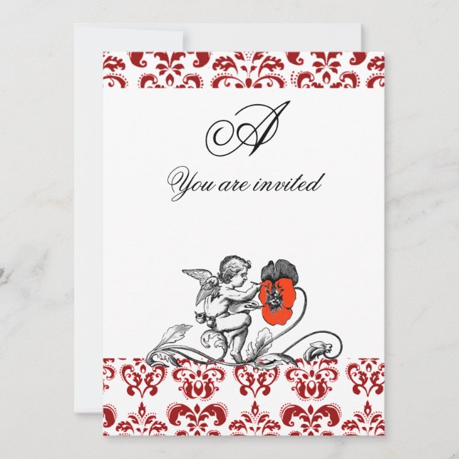INVITATION ANGE PEINTURE FLEUR ROUGE DAMAS MONOGRAMME (Devant)