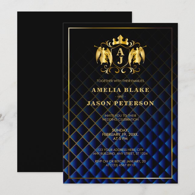 Invitation Angel Crest | Gold Royal Blue Luxuriant Mariage (Devant / Derrière)