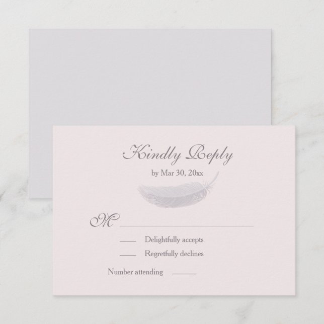 Invitation Angel Plumes Blush rose Grey Mariage RSVP (Devant / Derrière)