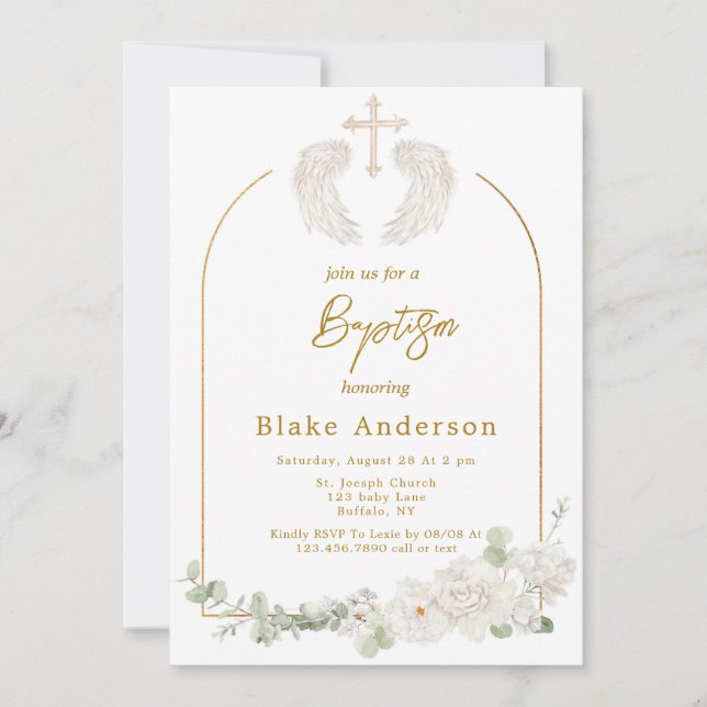 Invitation Angel Wings Cross Gold Baby Baptism (Devant)