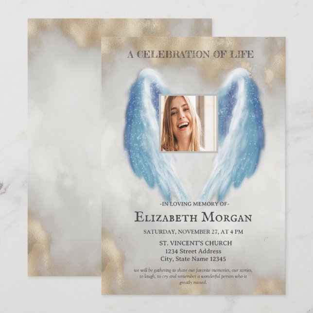 Invitation Angel Wings Photo Gold Celebration Of Life (Devant / Derrière)