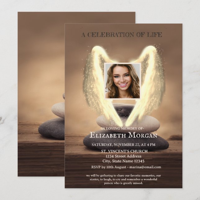 Invitation Angel Wings Zen Stones Photo Celebration Of Life (Devant / Derrière)