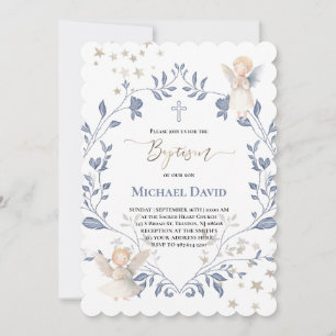 Invitation anges cadre Baptême bébé garçon