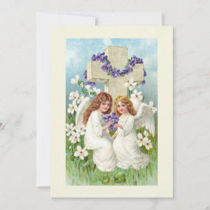 Invitation Anges Mignons Avec Croix Et Fleurs 