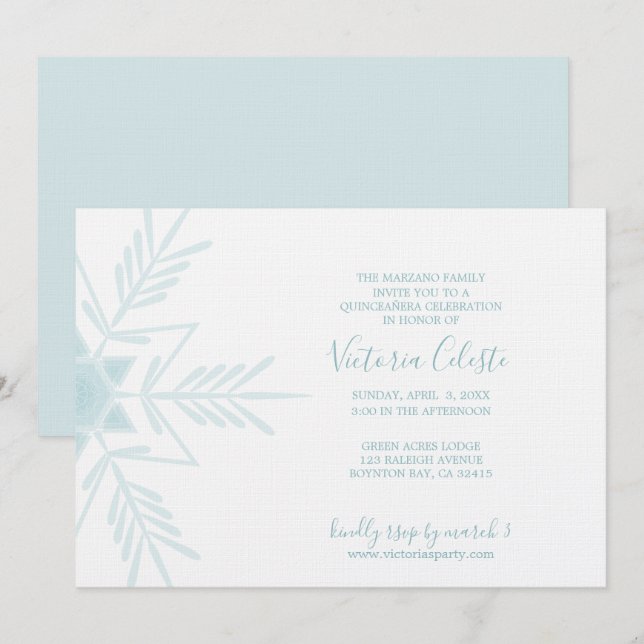 Invitation ANGLAIS bleu moderne HIVER WONDERLAND quinceañera (Devant / Derrière)