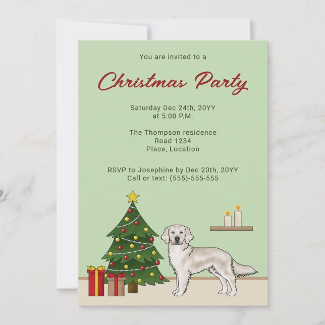 Invitation Anglais Crème Golden Retriever avec sapin de Noël (Devant)
