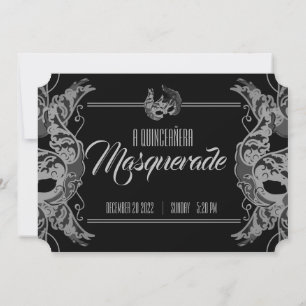 Invitation ANGLAIS quinceañera MASQUERADE billet blanc noir