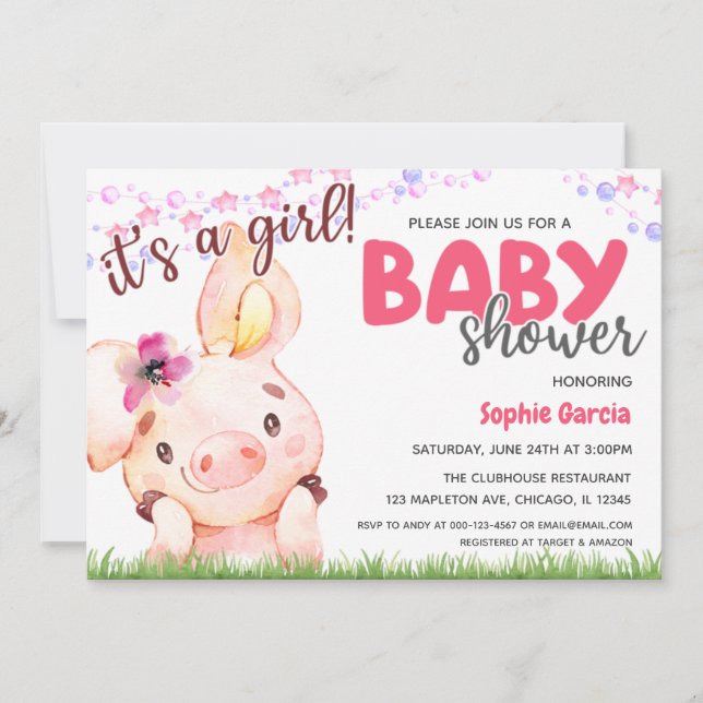Invitation Animal de ferme Piggy bébé Cochon fille Baby showe (Devant)