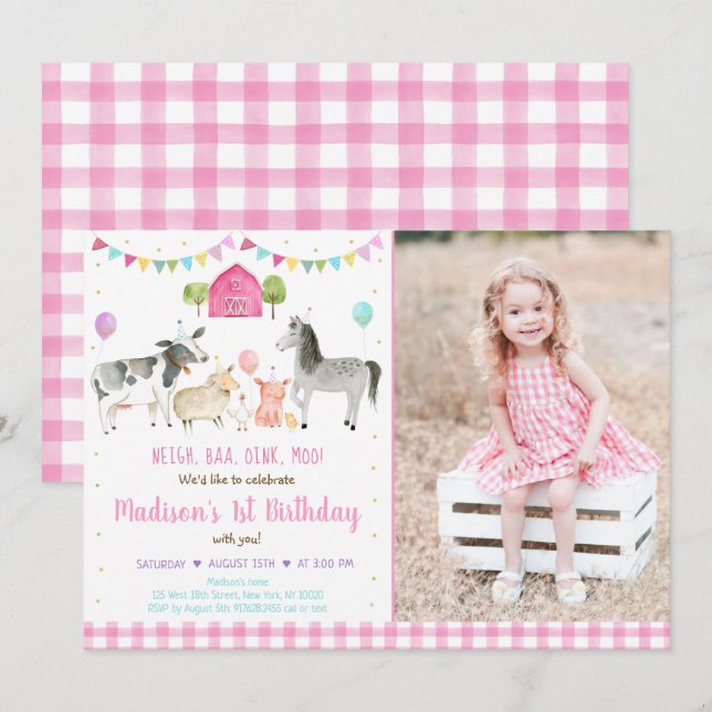 Invitation Animal de ferme Pink Gold Ballotte Anniversaire (Devant / Derrière)
