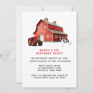 Invitation Animal de ferme Tracteur de grange rouge 1er. Fête