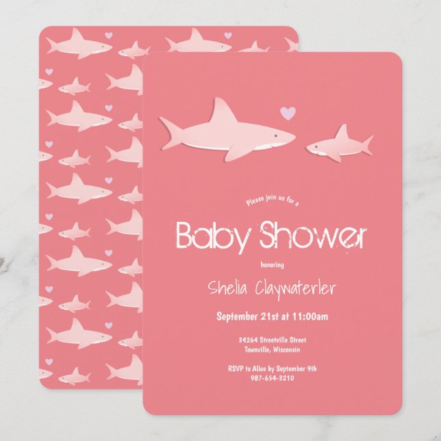 Invitation Animal de requin Baby shower rose (Devant / Derrière)