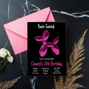 Invitation Animal en ballon chien rose chaud, fête d'annivers