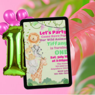 Invitation Animal Sauvage Un, Animal Empilé Rose 1er Annivers