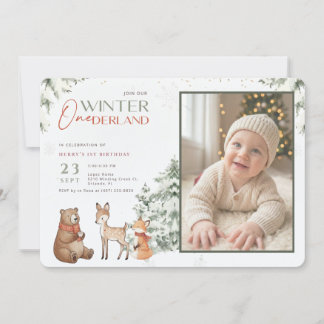 Invitation Animal Winter Onederland Kid Photo First Birthday