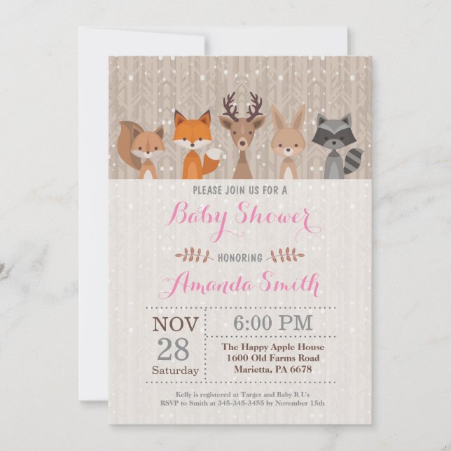 Invitation animale de baby shower de fille de (Devant)
