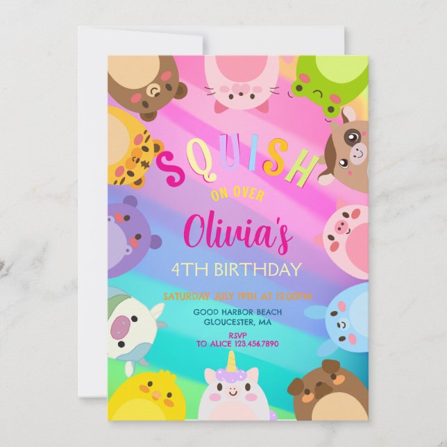 Invitation Animals Squish Girl Birthday party (Devant)