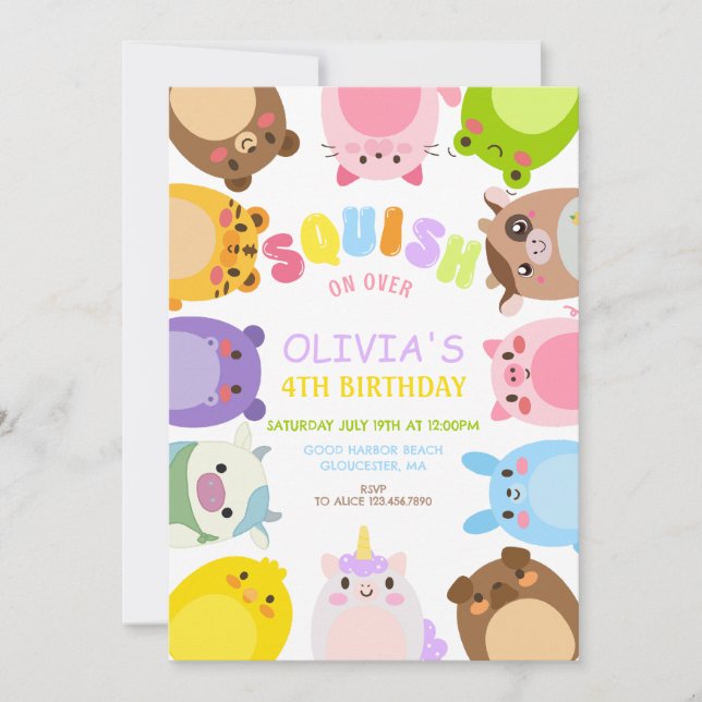Invitation Animals Squish On Over rainbow  Birthday party (Devant)