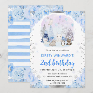 Invitation Animaux arctiques à l'aquarelle Fleurs 2e annivers