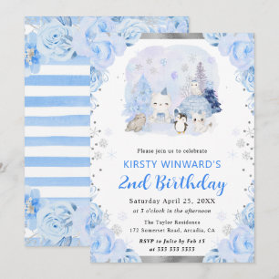 Invitation Animaux Arctiques Aquarelle Fleuris 2ème Anniversa