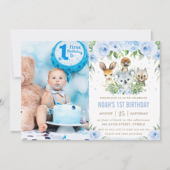 Invitation Animaux australiens Blue Floral Photo d'anniversai (Devant)