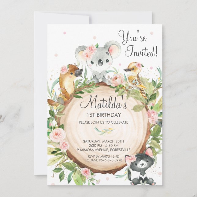 Invitation Animaux australiens Koala Floral Girl Anniversaire (Devant)