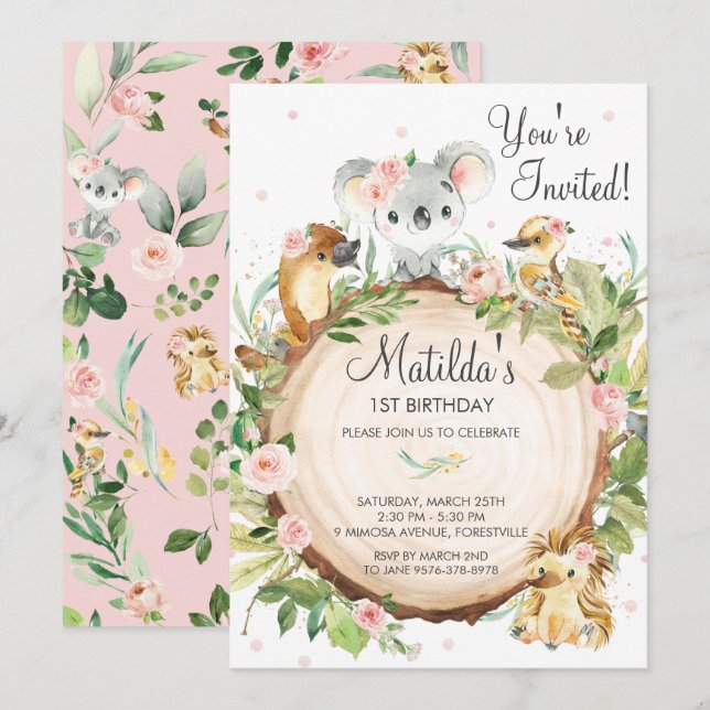 Invitation Animaux australiens Koala Rose Floral Girl Anniver (Devant / Derrière)