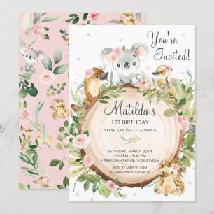 Invitation Animaux australiens Koala Rose Floral Girl Anniver