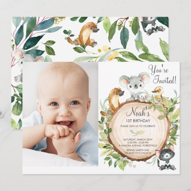Invitation Animaux australiens mignonne Koala 1er anniversair (Devant / Derrière)