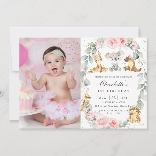 Invitation Animaux australiens rose floral photo d'anniversai (Devant)
