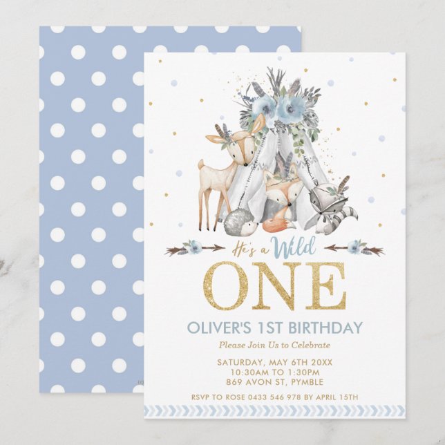 Invitation Animaux Bois mignons Boy Wild Un 1er anniversaire (Devant / Derrière)