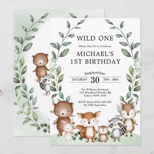 Invitation Animaux boisés modernes Sauvages Un 1er anniversai (Devant / Derrière)