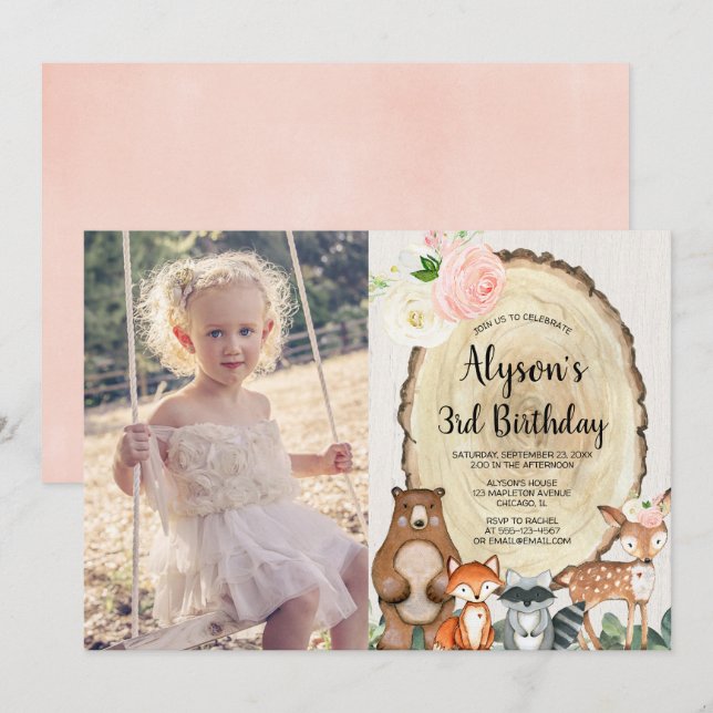Invitation Animaux boisés rustiques floral fille d'anniversai (Devant / Derrière)