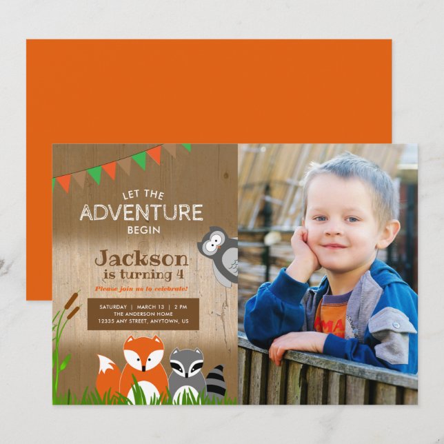 Invitation Animaux d'aventure Woodland | Photo fête d'anniver (Devant / Derrière)