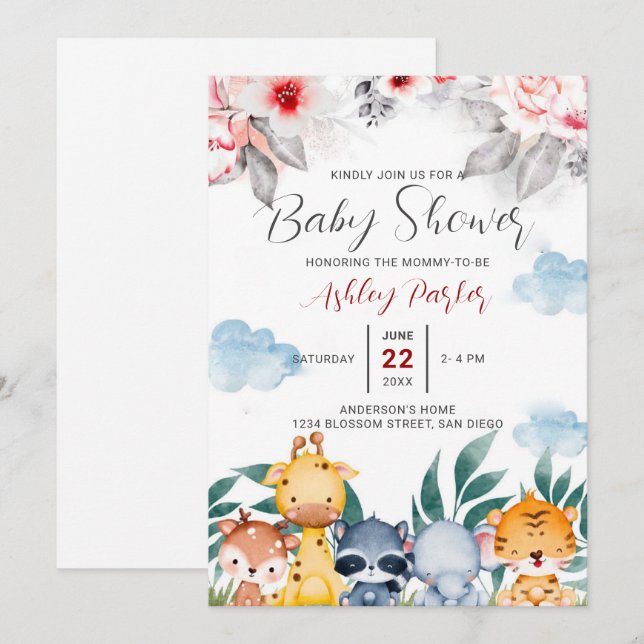 Invitation Animaux de bébé de la jungle (Devant / Derrière)