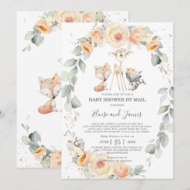 Invitation Animaux de bois Baby shower floral jaune par courr (Devant / Derrière)