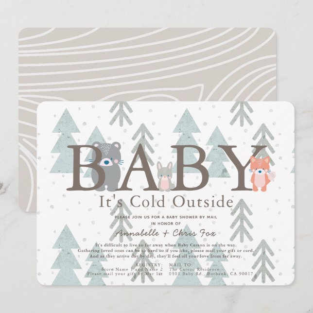 Invitation Animaux de bois Baby Son Baby shower froid par la  (Devant / Derrière)