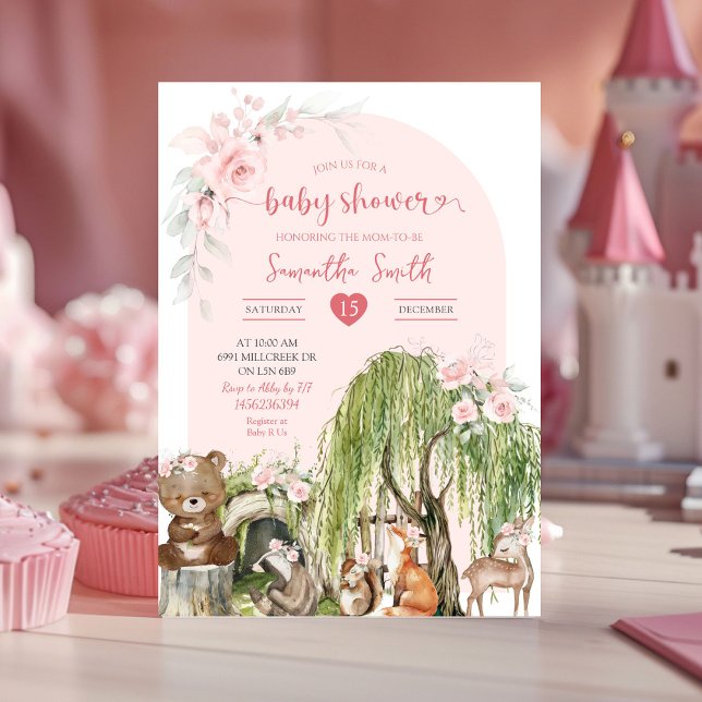 Invitation Animaux de bois rose Enchantés Baby shower foresti (Créateur téléchargé)