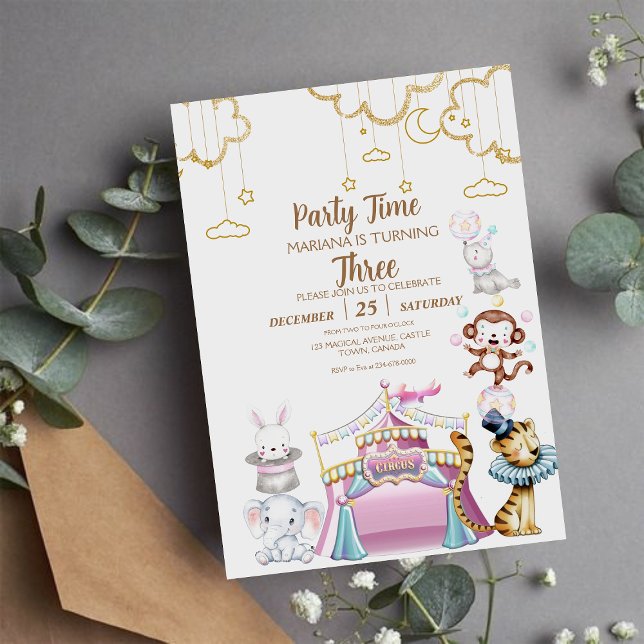 Invitation Animaux de cirque mignons fille 3e anniversaire (Créateur téléchargé)