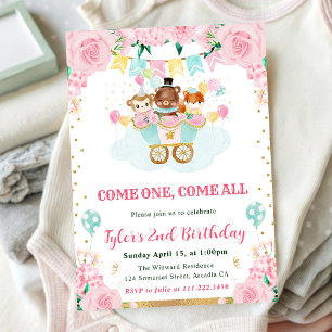 Invitation Animaux de cirque rose aquarelle pour fête d'anniv