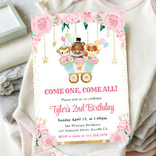 Invitation Animaux de cirque roses à l'aquarelle pour fête d'