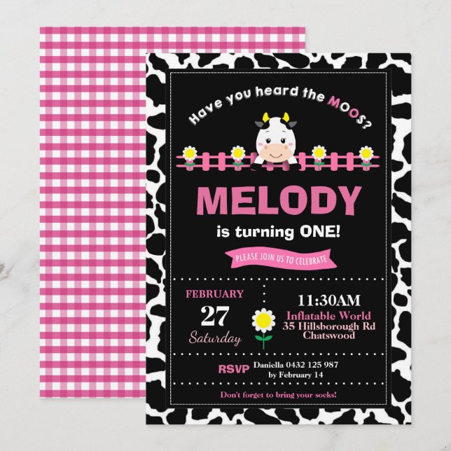 Invitation Animaux de ferme 1er anniversaire fête fille Barny (Devant / Derrière)