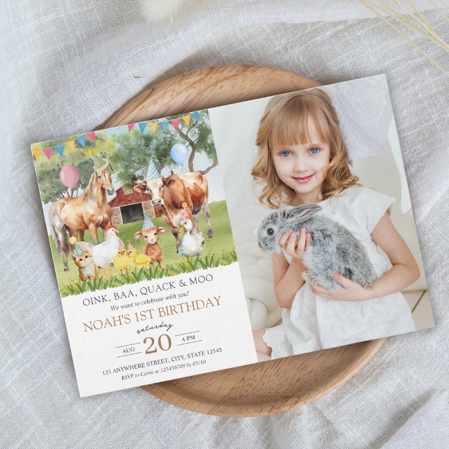 Invitation Animaux de ferme Aquarelle Photo fête d'anniversai (Farm animals Photo Birthday Invitation)