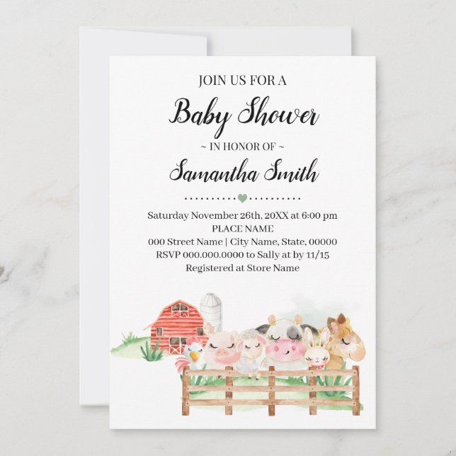 Invitation Animaux de ferme Baby shower Animaux de campagne (Devant)
