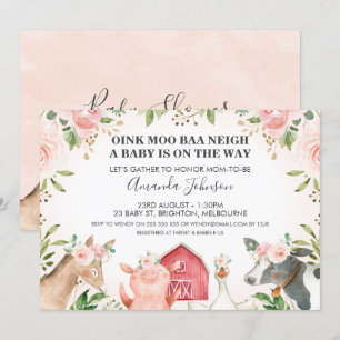Invitation Animaux de ferme Baby shower rose floral Invitatio