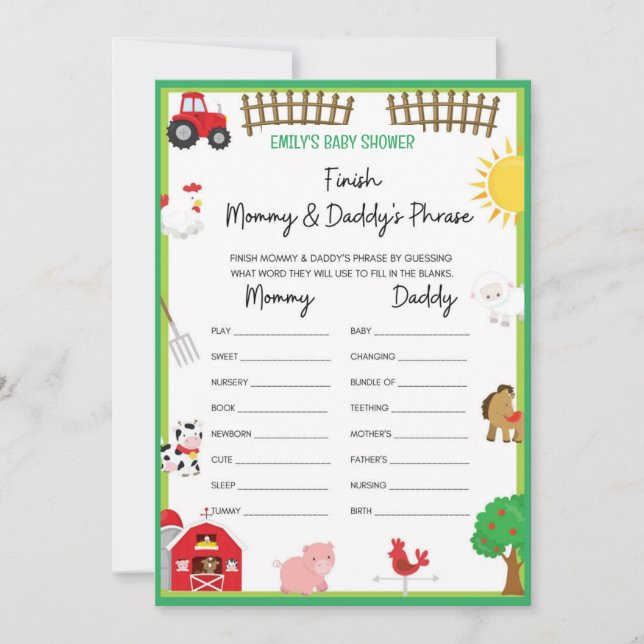 Invitation Animaux de ferme Baby shower Taille du jeu Invitat (Devant)