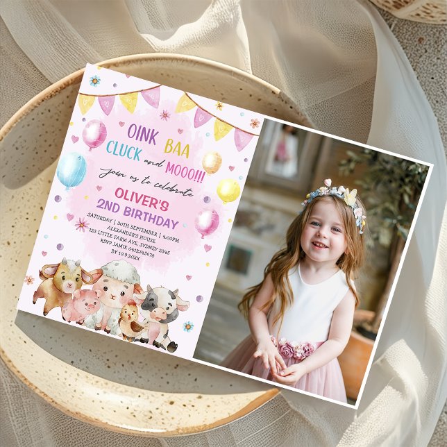 Invitation Animaux de ferme Ballons de nid Photo d'anniversai (Créateur téléchargé)