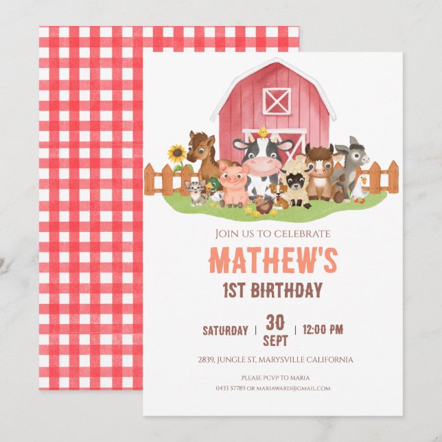 Invitation Animaux de ferme Barnyard 1er 2e anniversaire (Devant / Derrière)