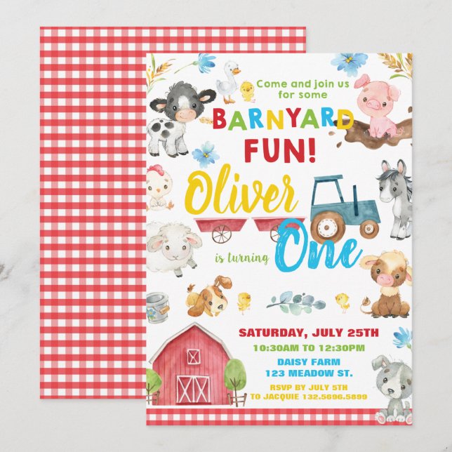 Invitation Animaux de ferme Barnyard 1er Anniversaire Turner  (Devant / Derrière)