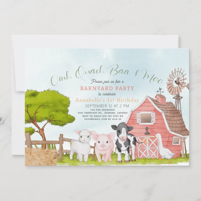 Invitation Animaux de ferme Barnyard Aquarelle 1er anniversai (Devant)