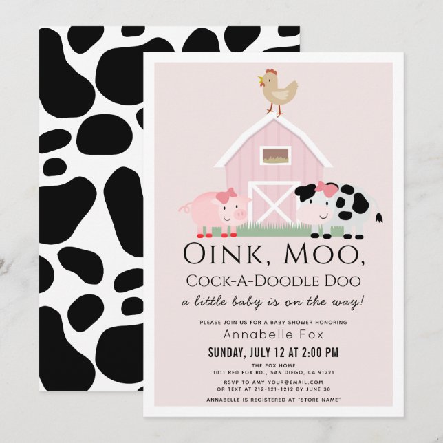Invitation Animaux de ferme Barnyard Baby shower fille rose (Devant / Derrière)